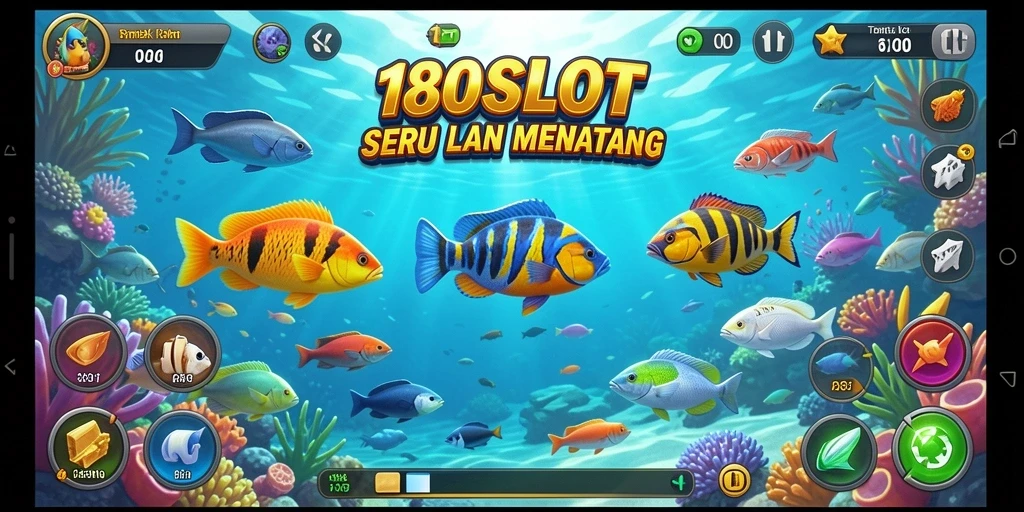 Screenshot gameplay 180SLOT menunjukkan aksi menembak ikan yang seru.