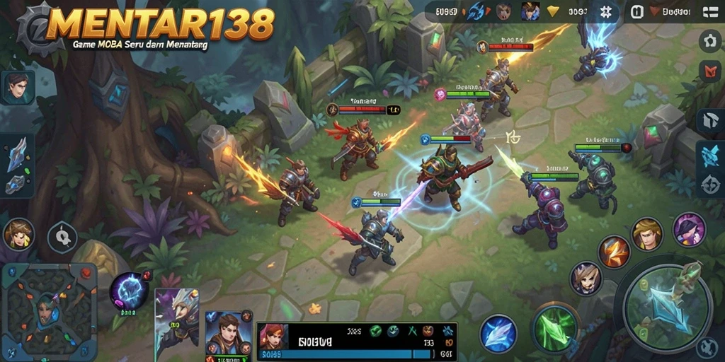 Screenshot gameplay MENTARI138 menunjukkan aksi seru di arena perang MOBA.