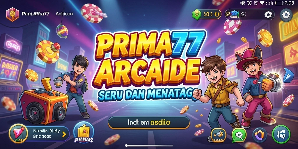 Screenshot utama PRIMA77 menampilkan gameplay Arcade yang menegangkan.